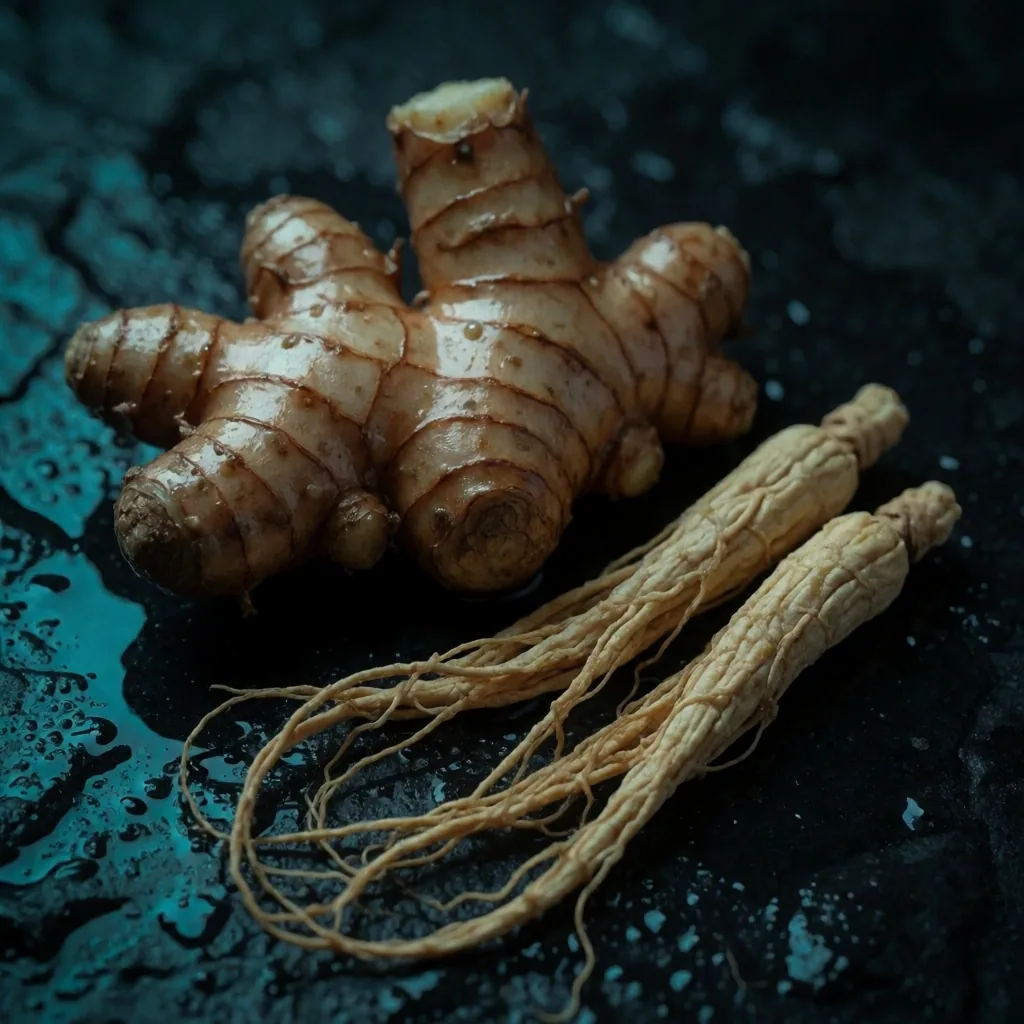 Fresh botanical roots and dried herbs on dark stone