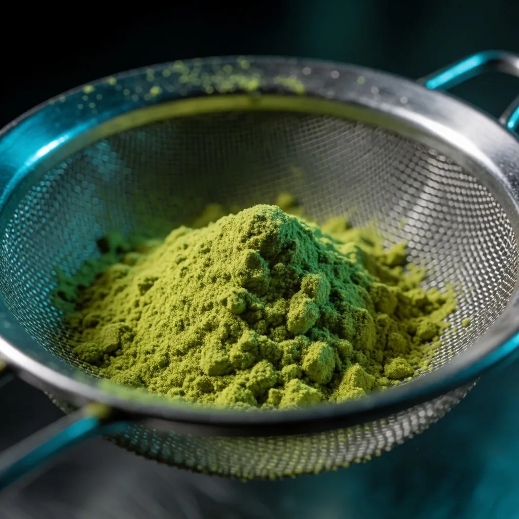 Ground botanical powder on a laboratory sieve