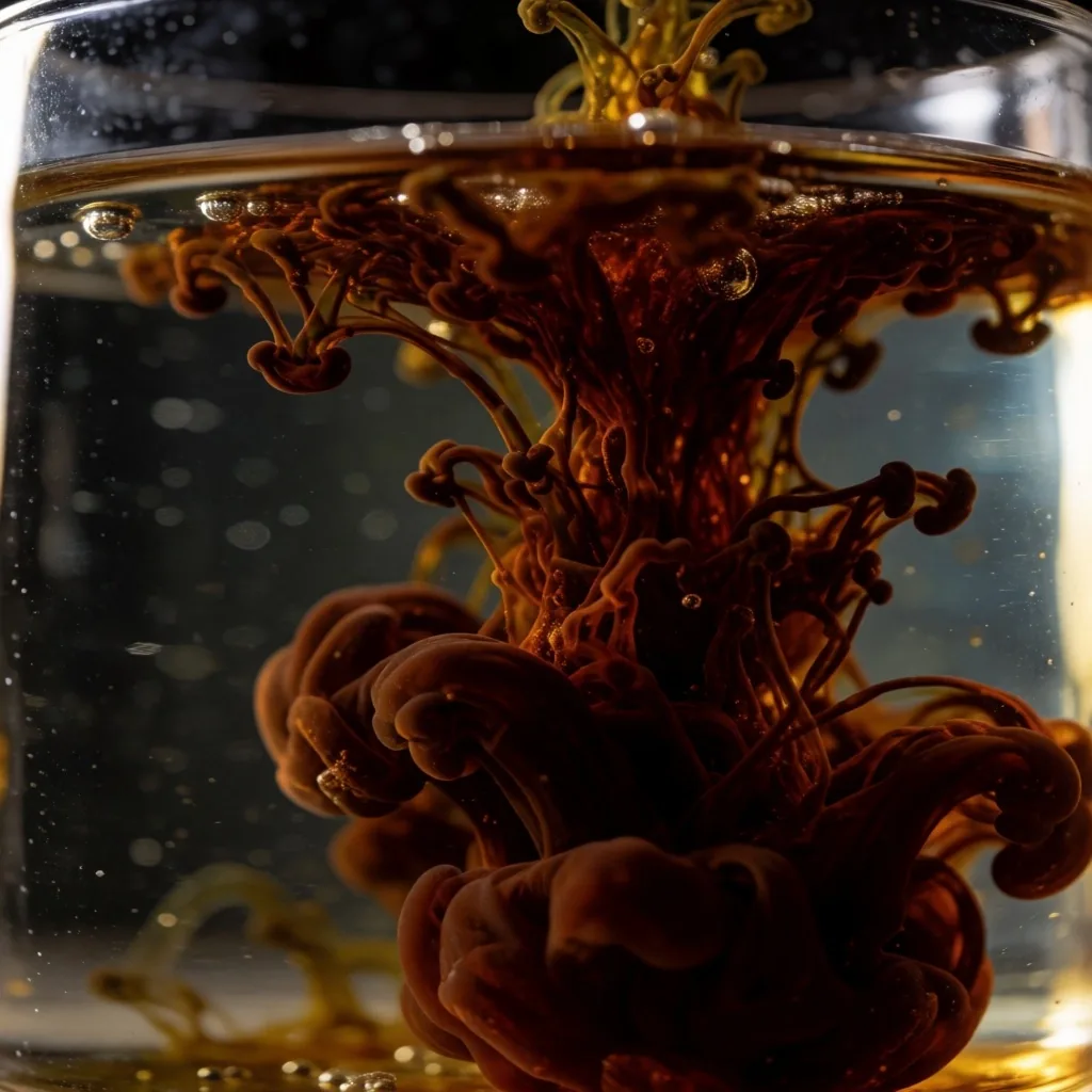 Dark amber liquid dispersing in water