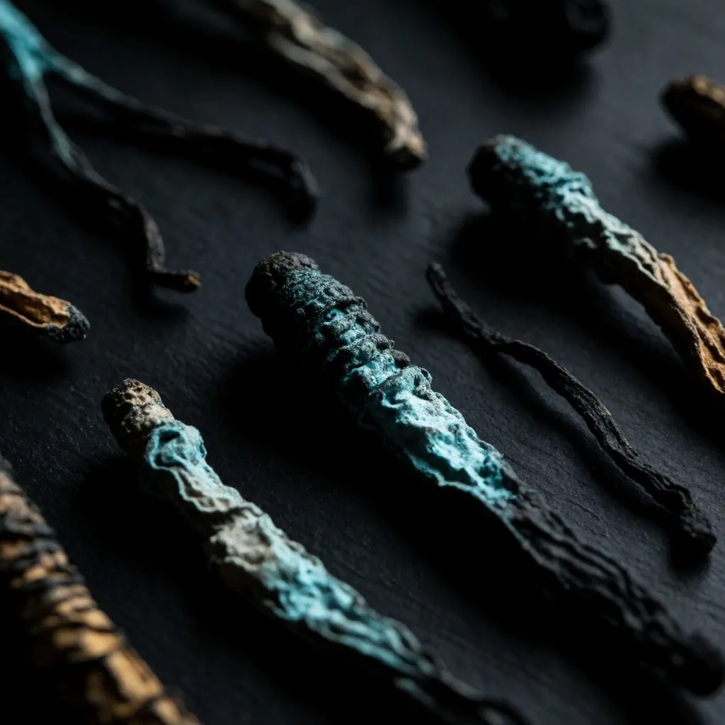 Dried Cordyceps specimens on dark stone