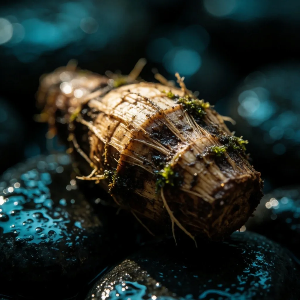 Raw Indonesian botanical root on dark wet stone