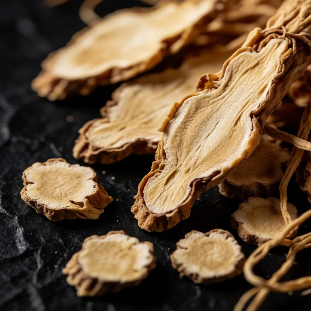 Dried ginseng roots on dark slate