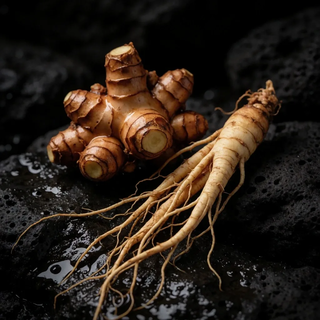 Raw botanical root specimens on dark stone
