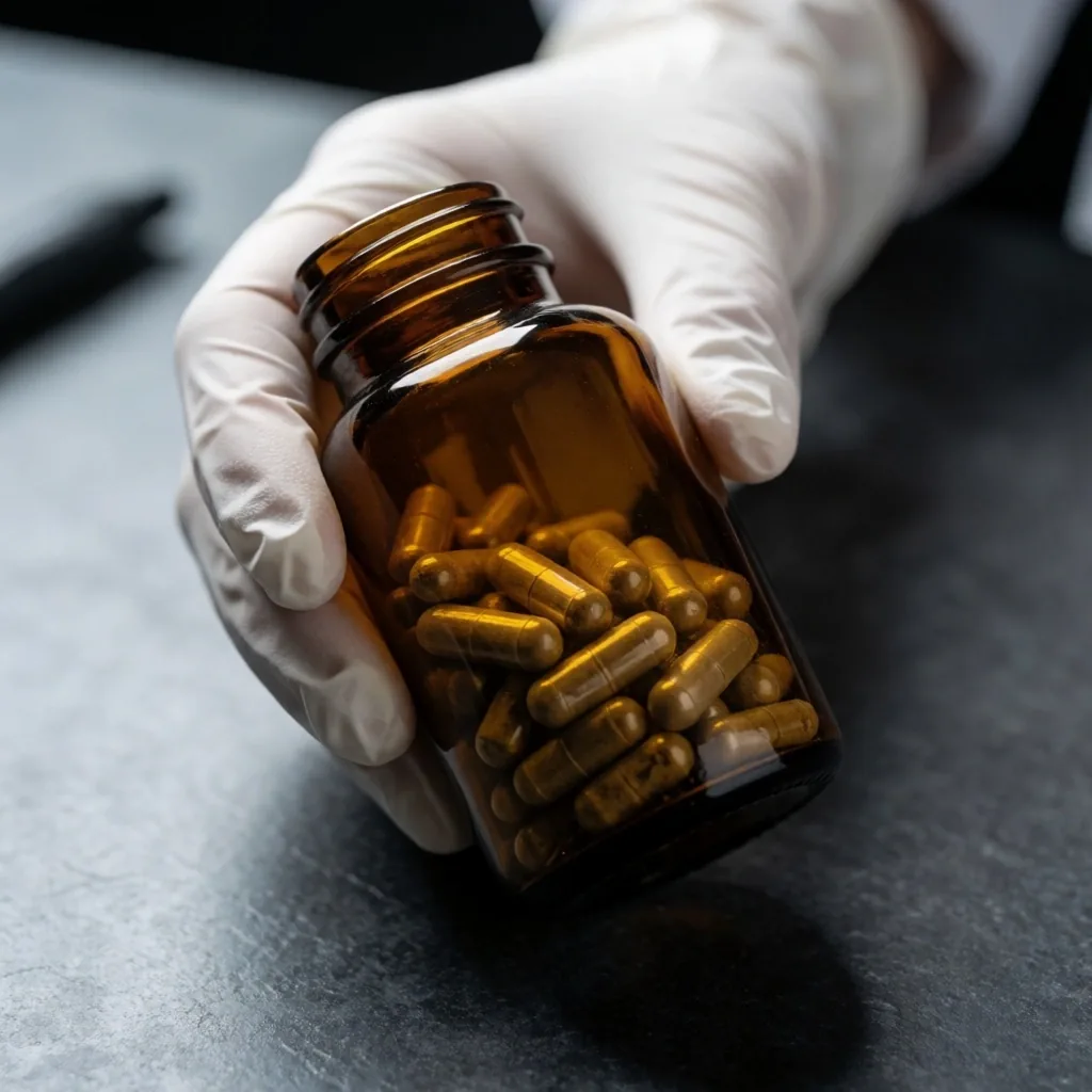 Amber supplement bottle on dark surface