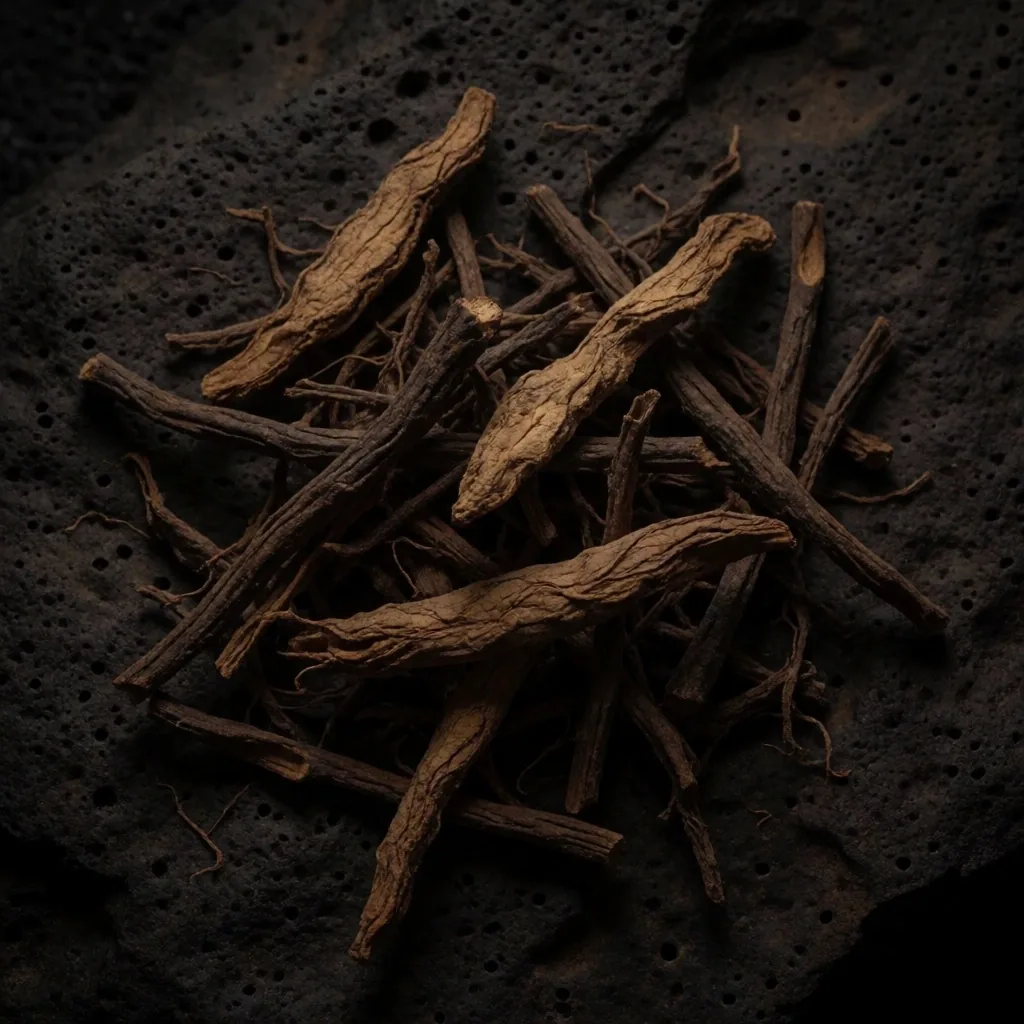Dried botanical roots on stone surface