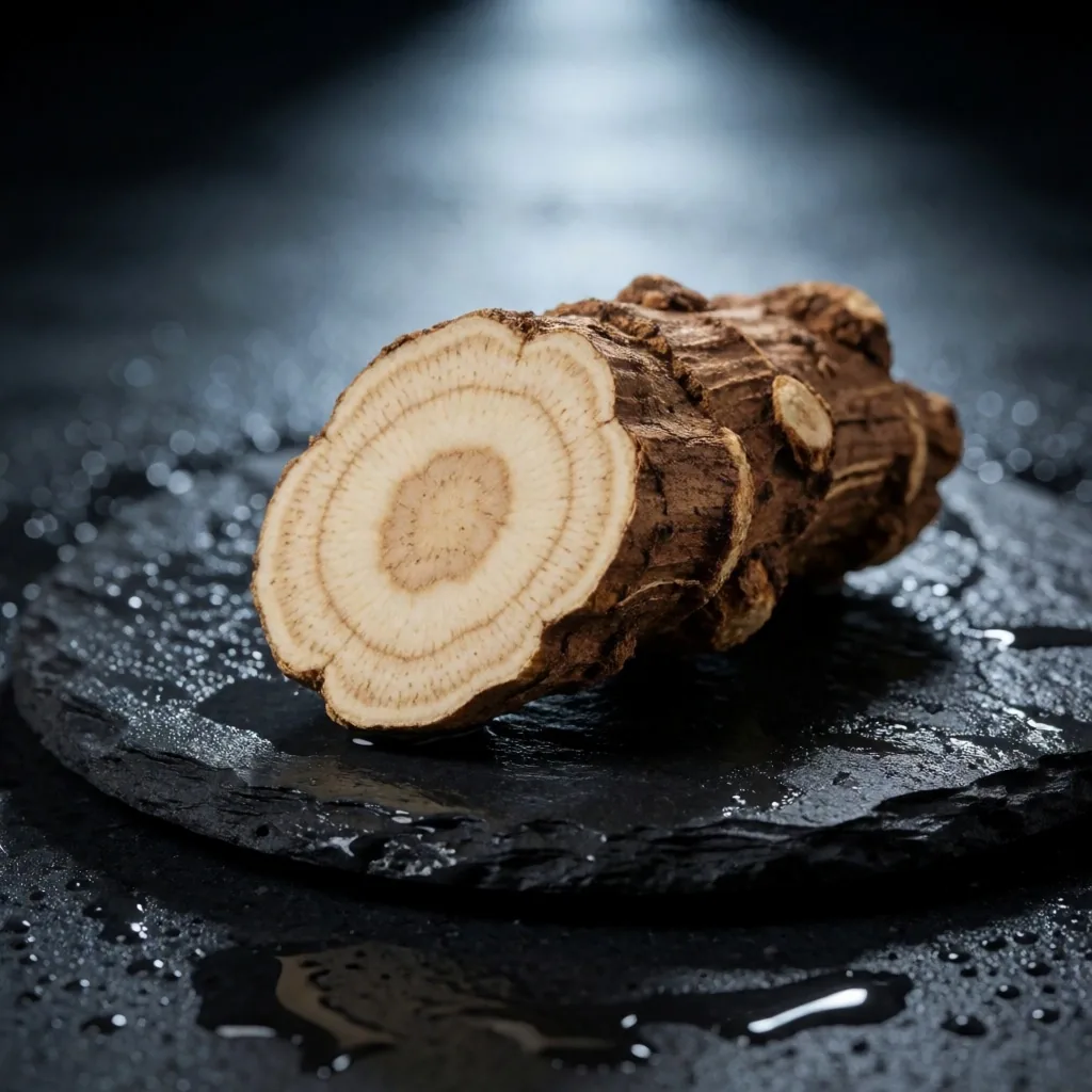 Close-up of a dried botanical root on dark stone