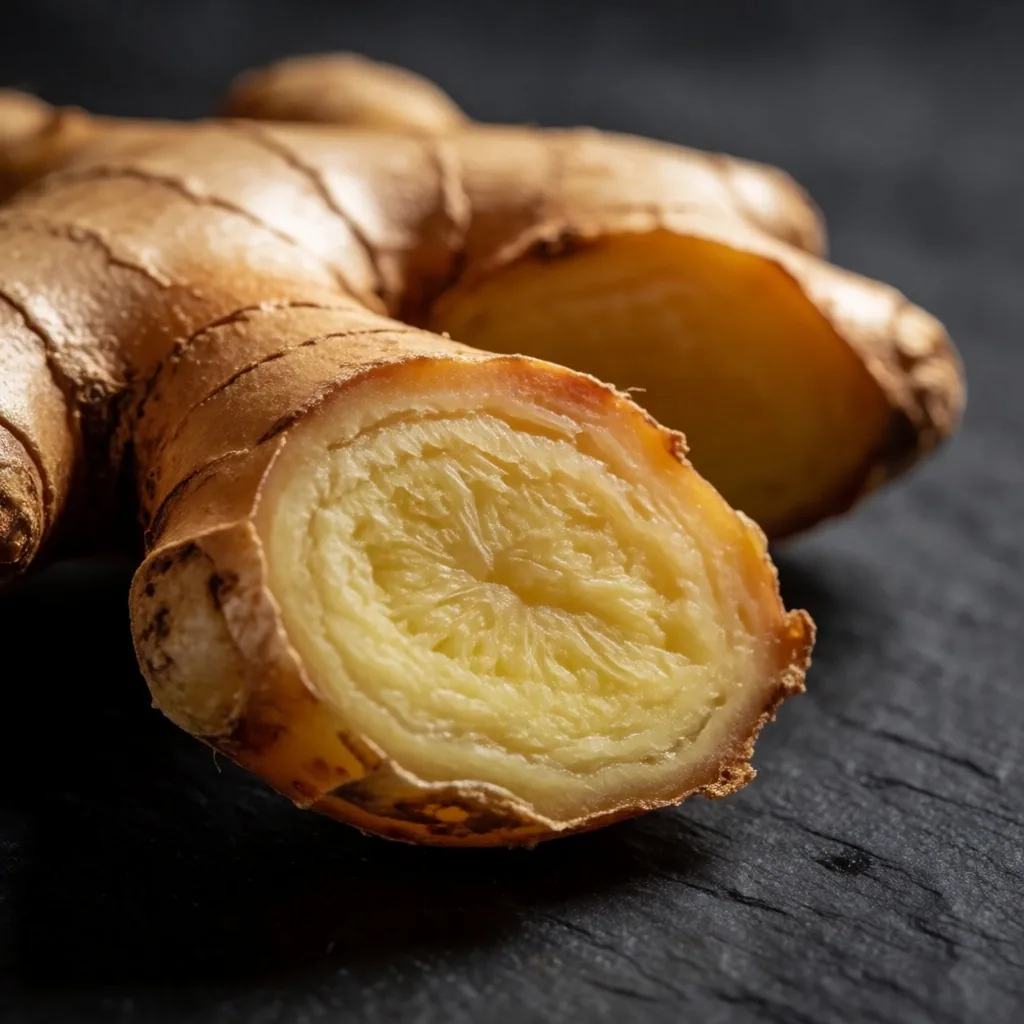Macro cross-section of Indonesian ginger root on dark stone