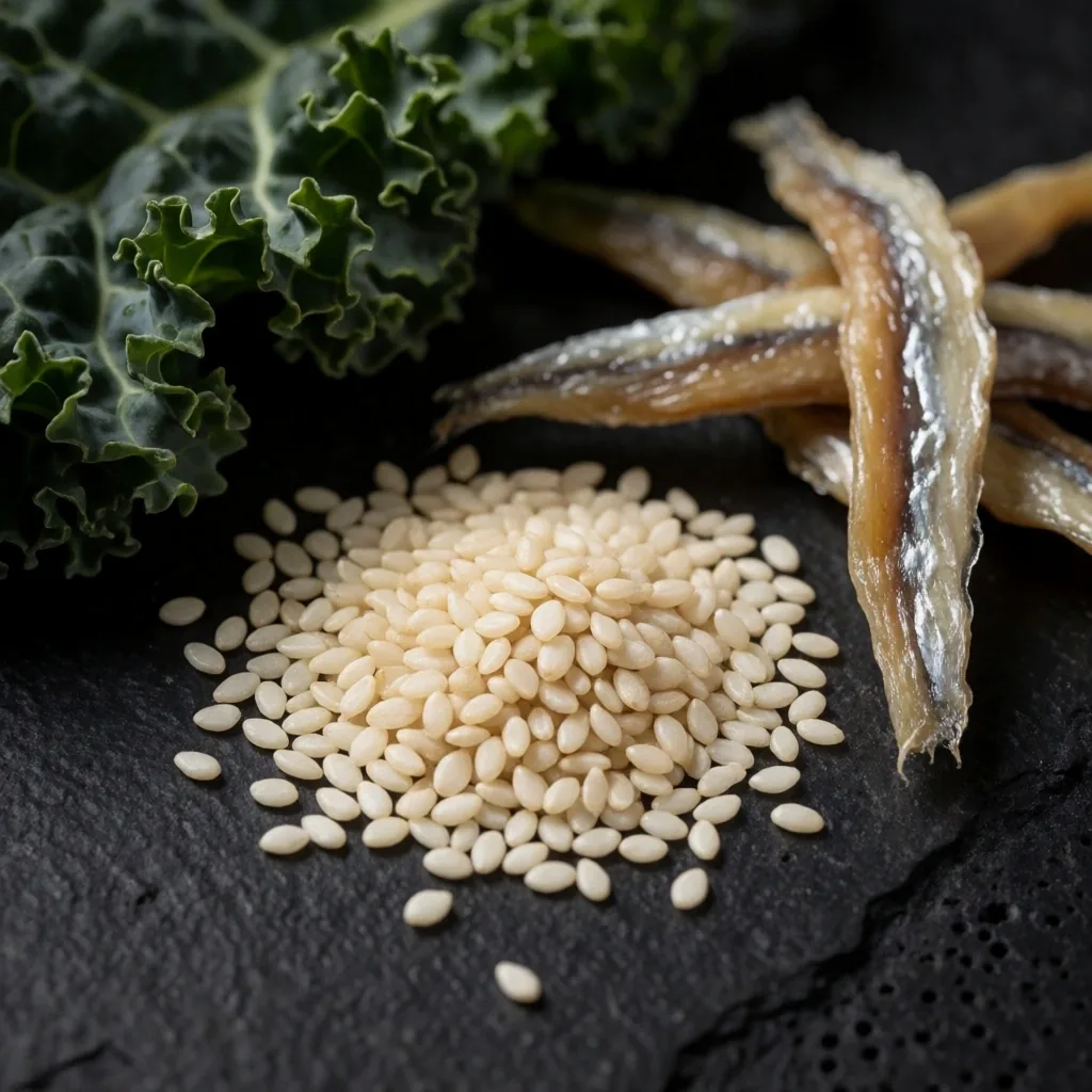 Calcium-rich natural food sources on dark stone