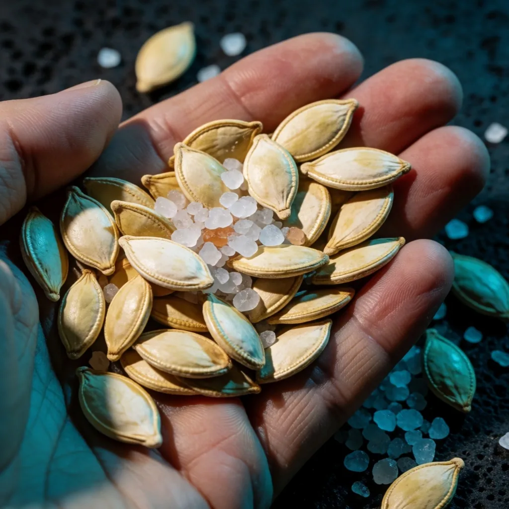 Mineral crystals and pumpkin seeds on dark stone