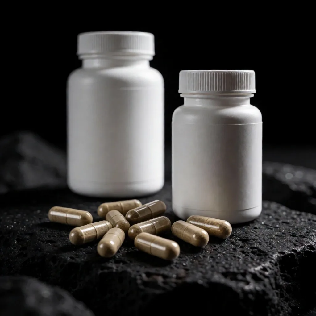 Supplement bottles on dark surface